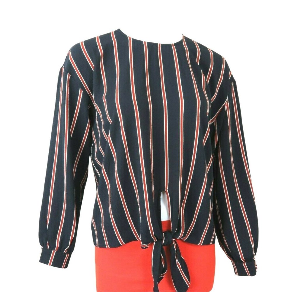 LUSH Striped Blouse Small Black Orange Tie Front Long Cuff Sleeve NEW